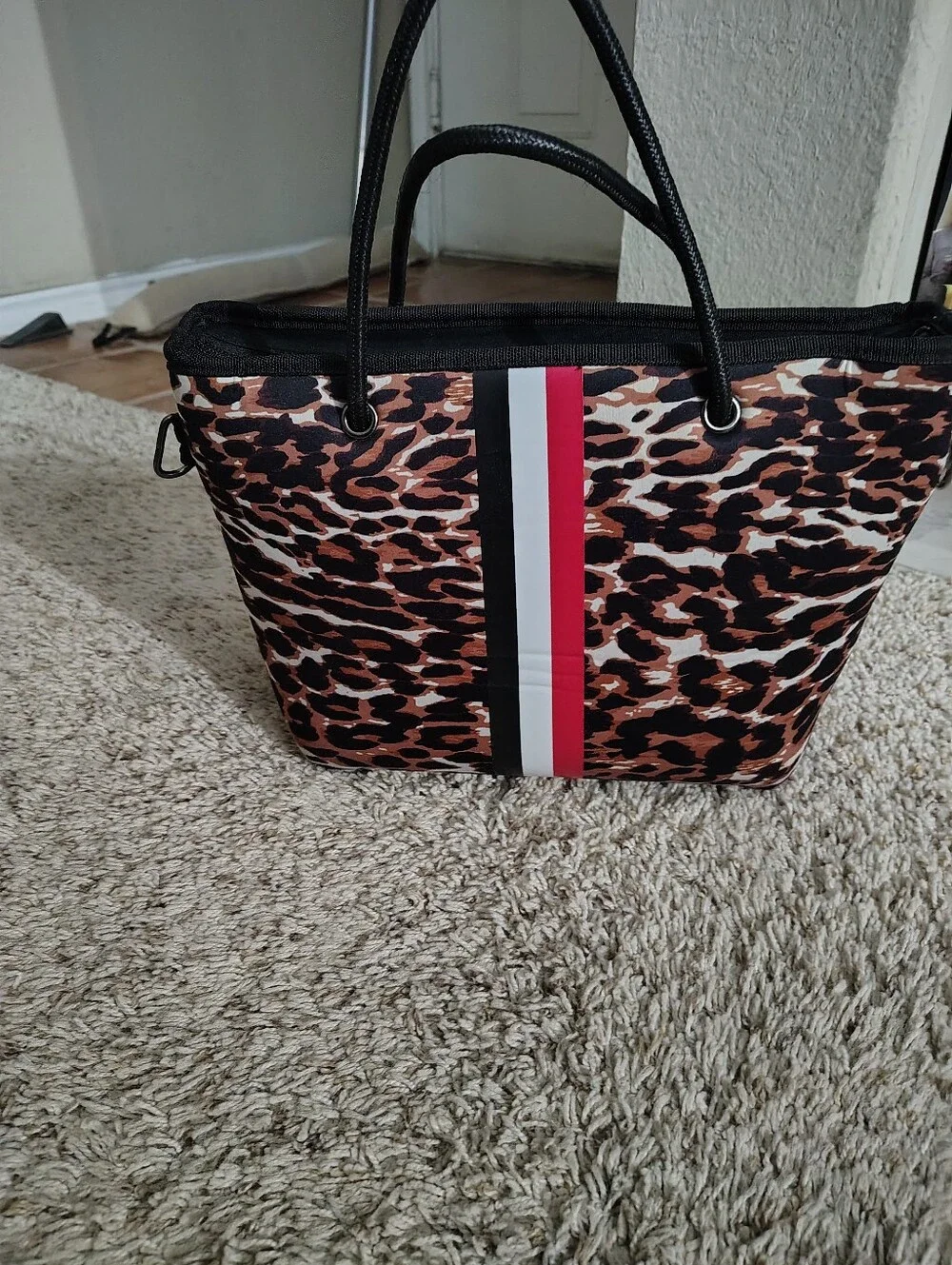 Leopard Print Tote Bag with Red & Black Stripe haute Shore